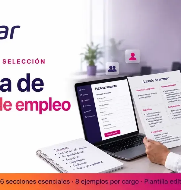 Profesional de RRHH revisando un anuncio de empleo dividido en secciones junto a una laptop con el formulario de publicación de vacante