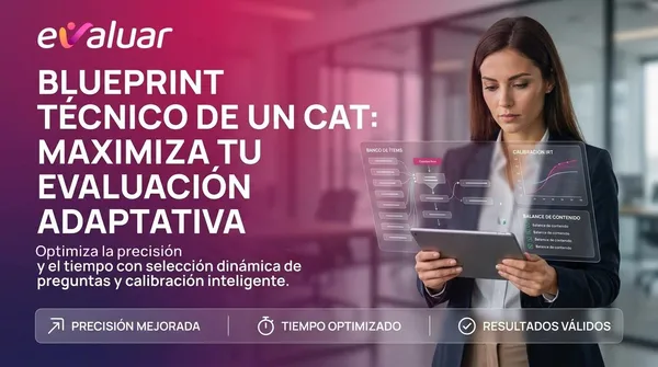 Profesional de RRHH revisando el blueprint técnico de un CAT con banco de ítems, calibración IRT y balance de contenido en pantalla interactiva