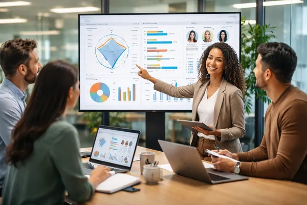 Equipo de recursos humanos analizando en pantalla un dashboard de evaluación de potencial y desempeño para identificar talento y futuros líderes con el modelo CAP+.