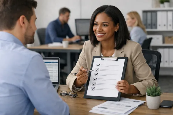 Reclutadora entrevistando a candidato con checklist del proceso de reclutamiento y selección y software ATS en oficina moderna
