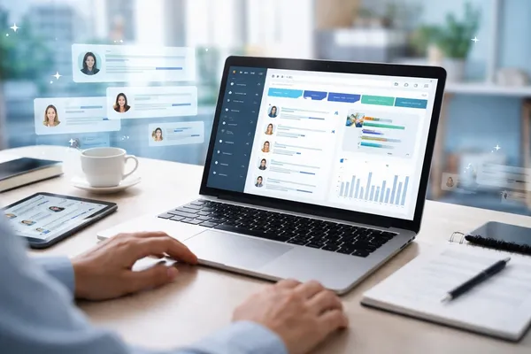 Software de reclutamiento de personal en laptop con panel de candidatos y analítica para optimizar el proceso de selección y contratación