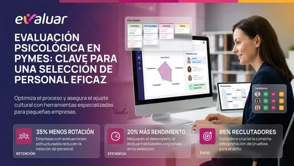 Banner sobre evaluación psicológica en pymes para optimizar la selección de personal con pruebas especializadas y datos de rendimiento, rotación y reclutamiento.