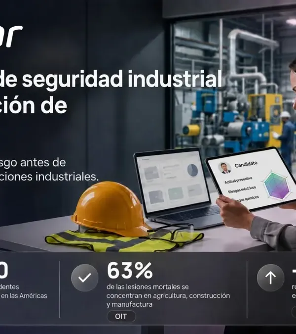 Supervisor industrial revisando resultados de evaluación de seguridad industrial en pantalla con datos de la OIT