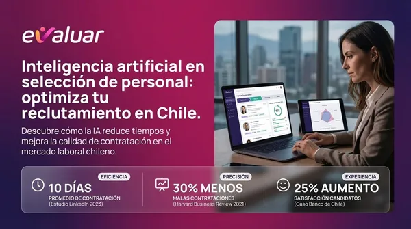 Portada del blog sobre inteligencia artificial en la selección de personal en Chile mostrando una profesional utilizando software de reclutamiento con IA de Evaluar para optimizar procesos de contratación.