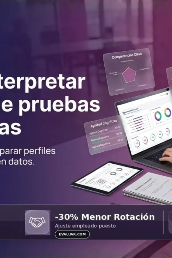 Reclutador revisando un informe psicométrico en pantalla con estadísticas de SHRM y evaluar.com sobre selección de personal