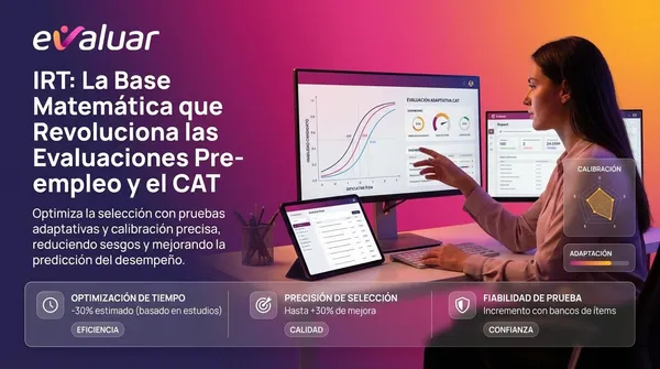 Portada de blog de Evaluar sobre IRT y evaluaciones pre-empleo con CAT, mostrando una profesional frente a pantallas con gráficos de calibración y selección de talento.