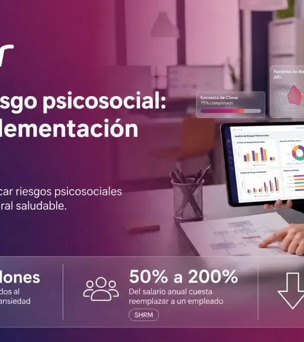 Profesional de RRHH revisando el cumplimiento de la NOM 035 riesgo psicosocial en un panel digital de resultados