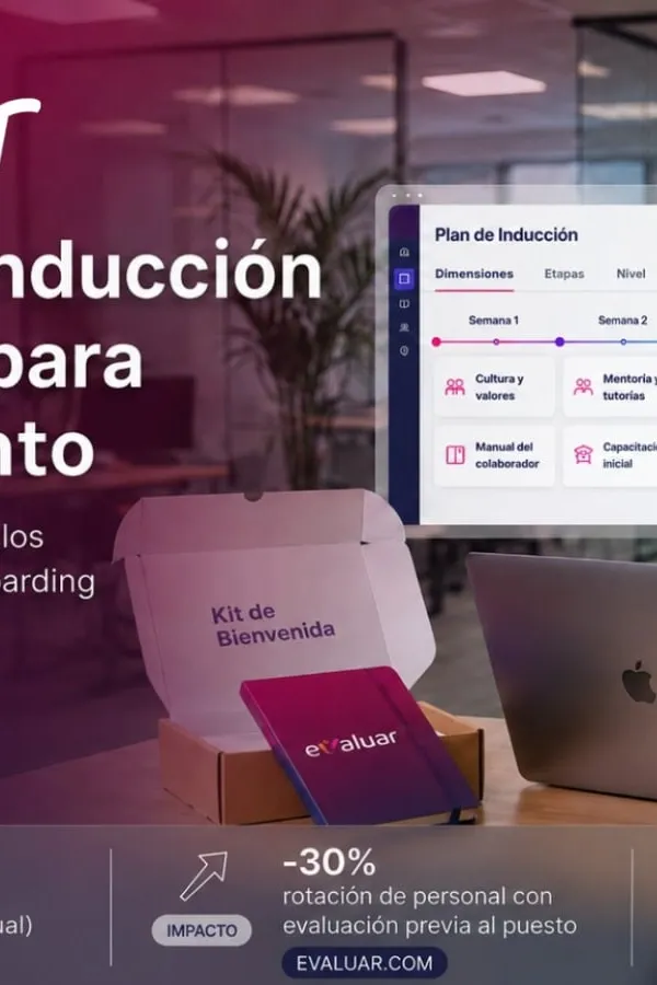 Profesional de RRHH revisa en pantalla el proceso de inducción de personal con métricas de retención y rotación de Evaluar