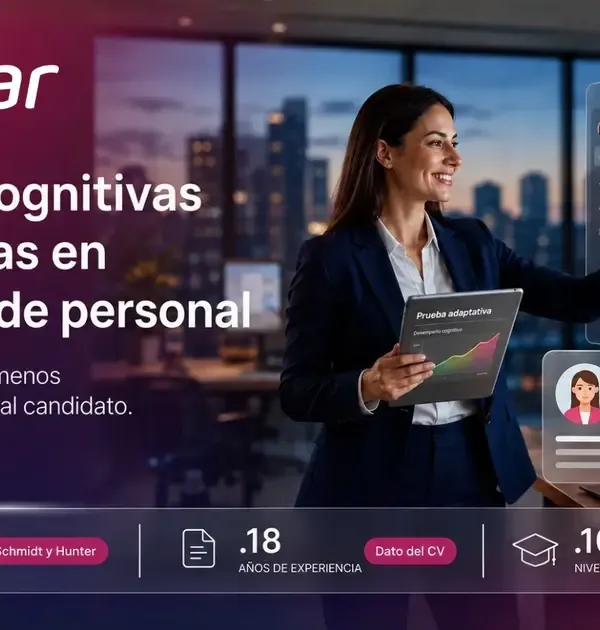 Profesional de RRHH revisando resultados de pruebas cognitivas adaptativas en un panel de selección de candidatos