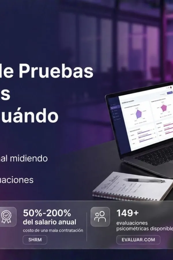 Portada sobre pruebas psicométricas laborales con estadísticas de SHRM y Evaluar.com (95 car.) → ajustar a: "Profesional de RRHH revisando resultados de pruebas psicométricas laborales con datos verificados"