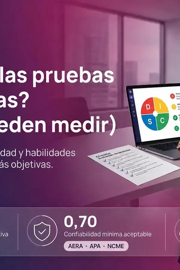 Especialista de RRHH revisa en pantalla el informe de una prueba psicométrica con puntajes por dimensión