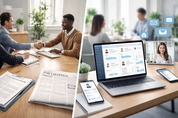 Comparación de reclutamiento y selección de personal: entrevista presencial con currículos impresos y reclutamiento moderno con software de selección, análisis de datos y videollamada.