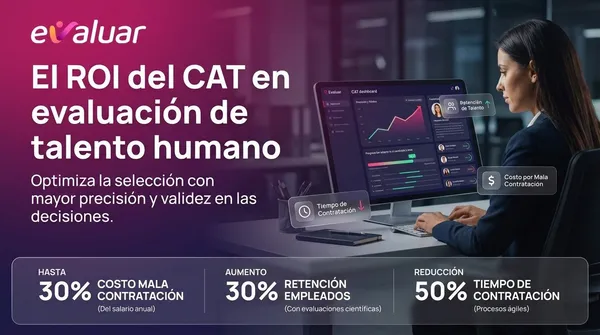 Portada sobre el ROI del CAT en evaluación de talento humano con dashboard de reclutamiento, analítica de selección y métricas de costo, retención y tiempo de contratación.