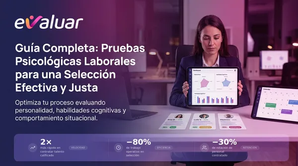 Profesional de Recursos Humanos revisando resultados de pruebas psicológicas laborales en una tablet, con métricas de selección de personal: 2x más rápido en contratar, −80% de trabajo operativo y −30% de rotación. Imagen de portada de Evaluar.com.