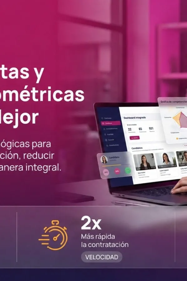 Reclutadora en videoentrevista de reclutamiento con panel de resultados de pruebas psicométricas en pantalla